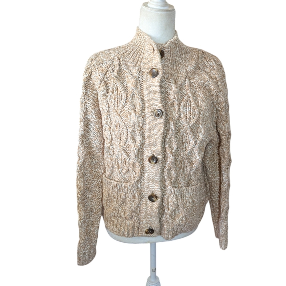 Talbots Tan Neutral Cable Knit Chunky Fisherman Preppy Classic Cardigan Sz M - Picture 7 of 9